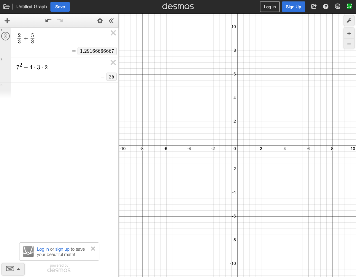 Desmos computing 2/3 + 5/8 and 7^2 - 4*3*2